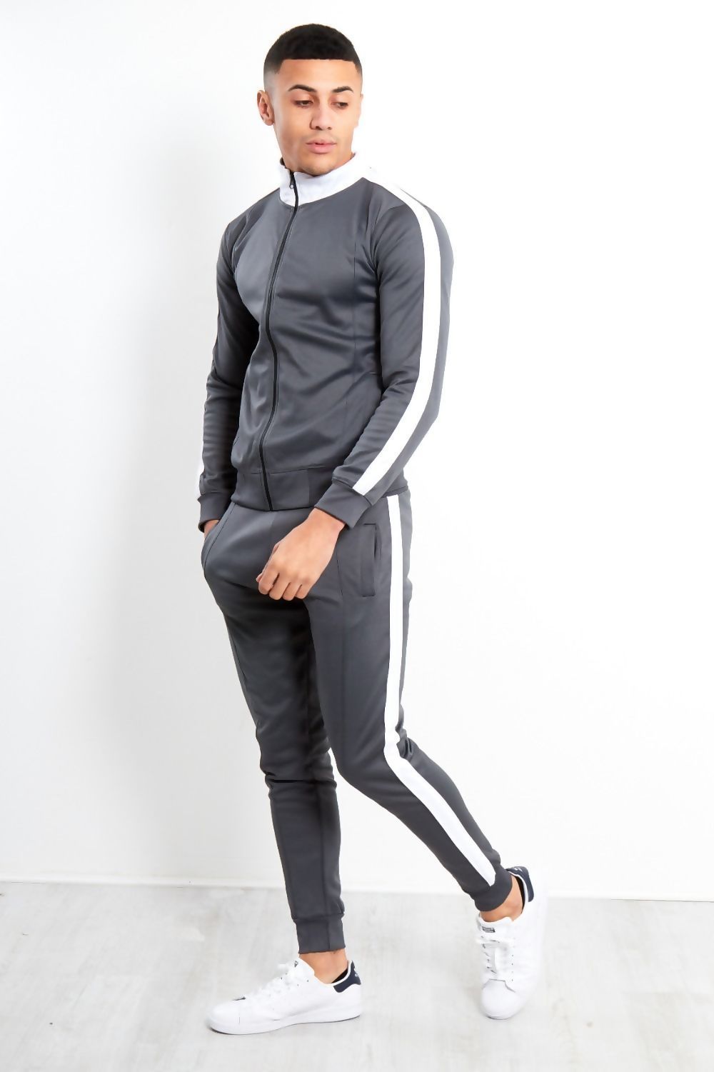 MENS WHITE TAPE FUNNEL SKINNY FIT TRACKSUIT GREY