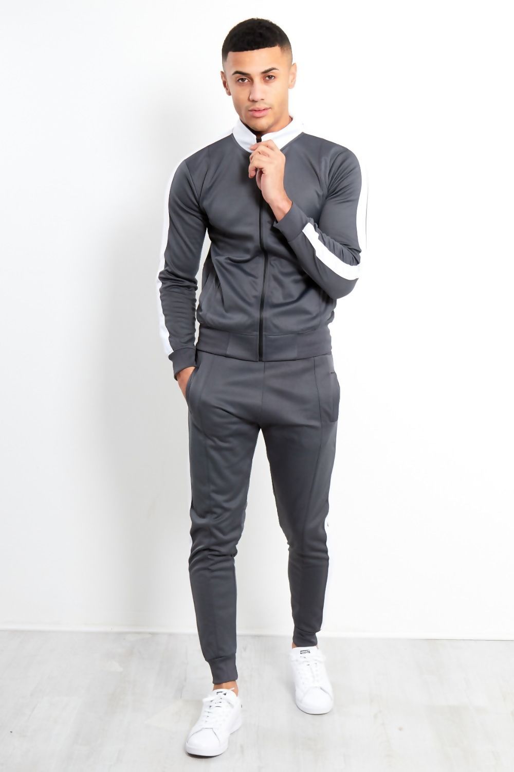 MENS WHITE TAPE FUNNEL SKINNY FIT TRACKSUIT GREY