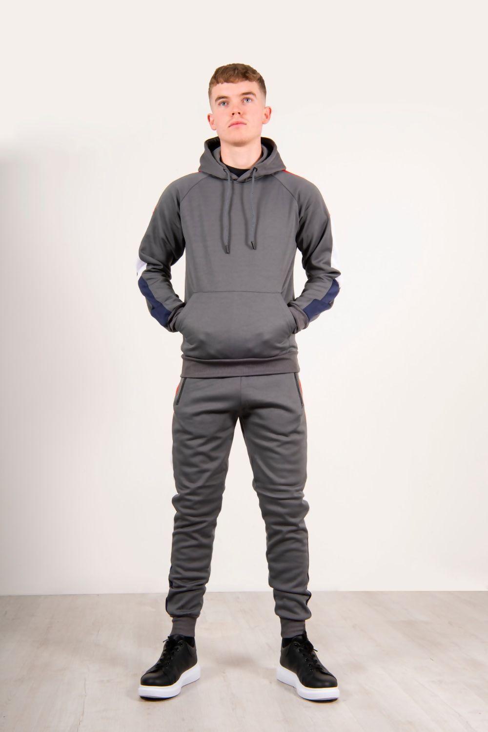 MENS PULLOVER SKINNY TRACKSUIT WITH CONTRAST SIDE PANELS GREY