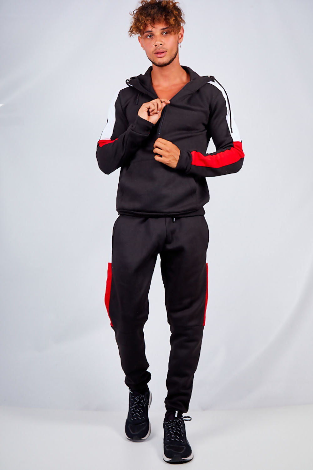 MENS STRIPE TRACKSUIT BLACK WITH RED AND WHITE