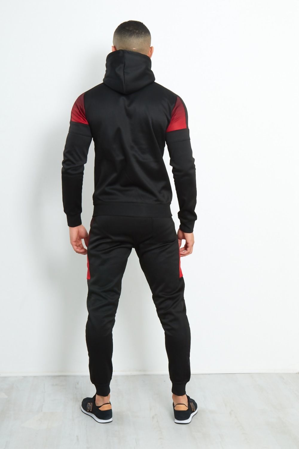 MENS FADED FUNNEL HOOD TRACKSUIT BLACK WITH RED