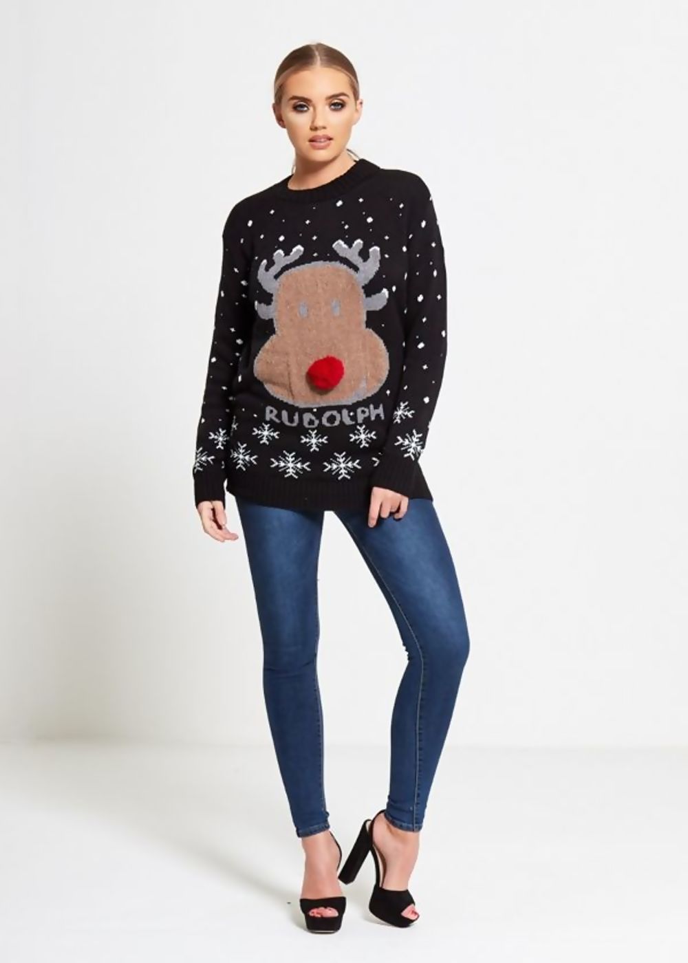 WOMENS RUDOLPH SNOWFLAKE CHRISTMAS KNITTED JUMPER BLACK