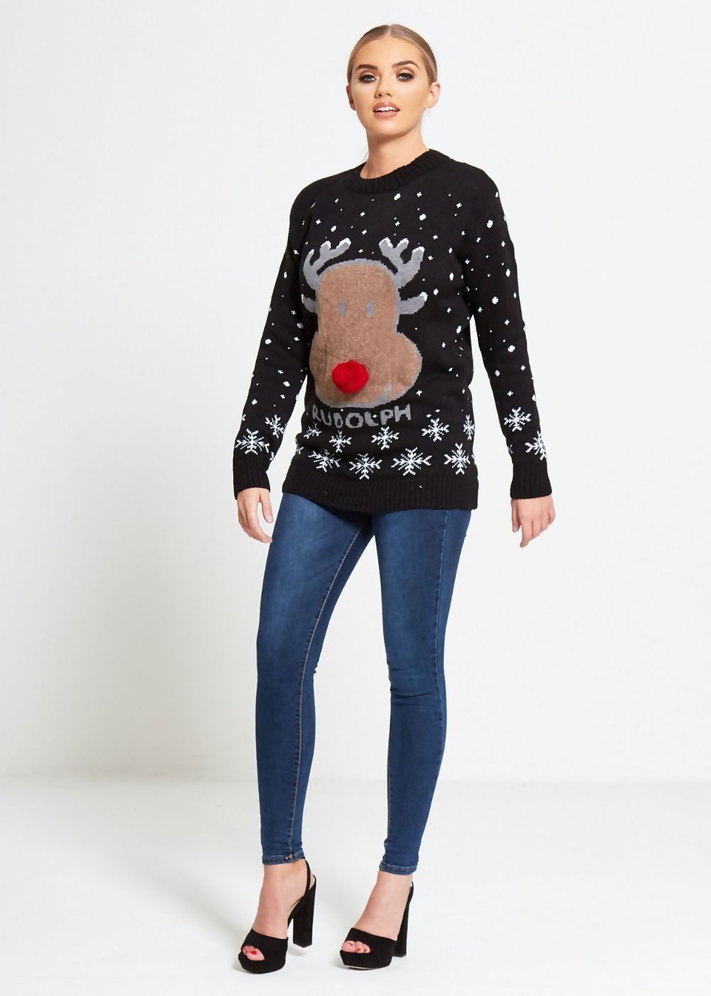 WOMENS RUDOLPH SNOWFLAKE CHRISTMAS KNITTED JUMPER BLACK