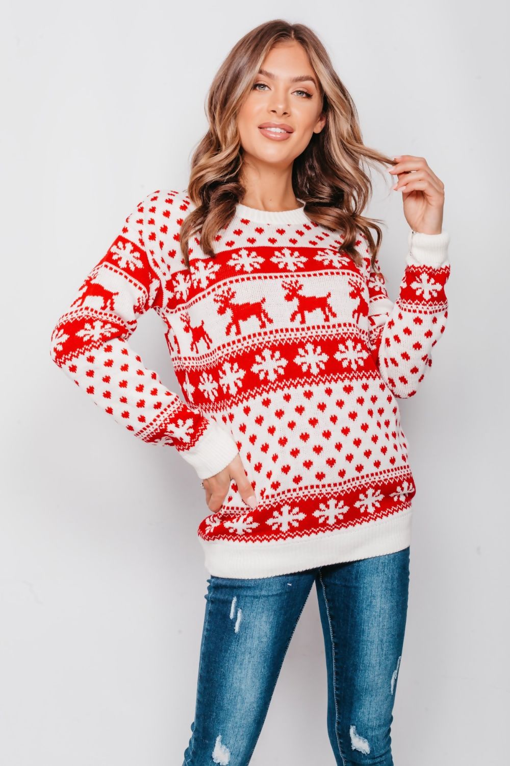 WOMENS REINDEERS AND SNOW FLAKE CHRISTMAS JUMPER CREAM