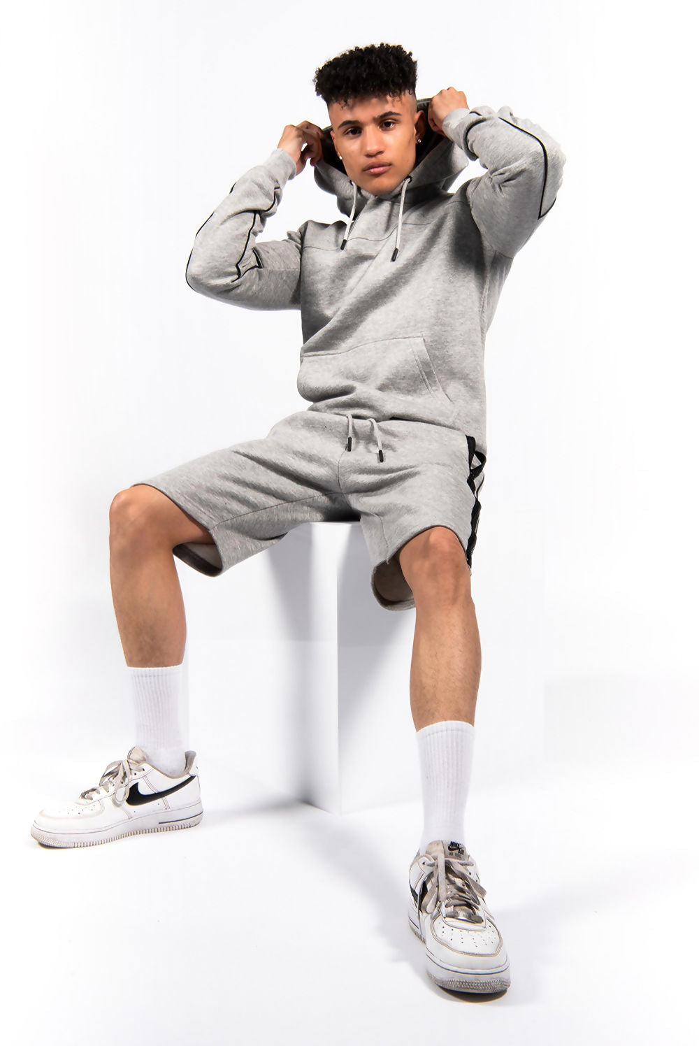 MENS CONTRAST ZIP PIPED HOODIE AND SHORT SET GREY