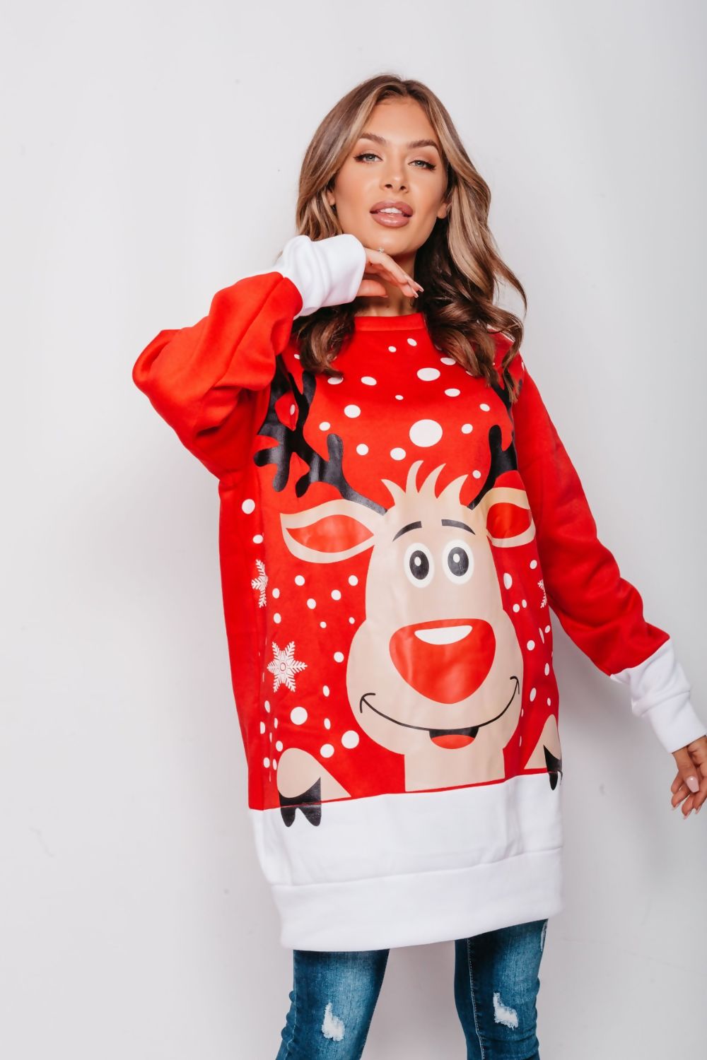 WOMENS NAUGHTY RUDOLPH CHRISTMAS JUMPER DRESS RED