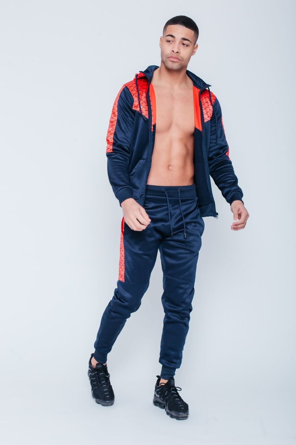 MENS SKINNY FIT HOODED TRACKSUIT NAVY CHEVRON PANEL