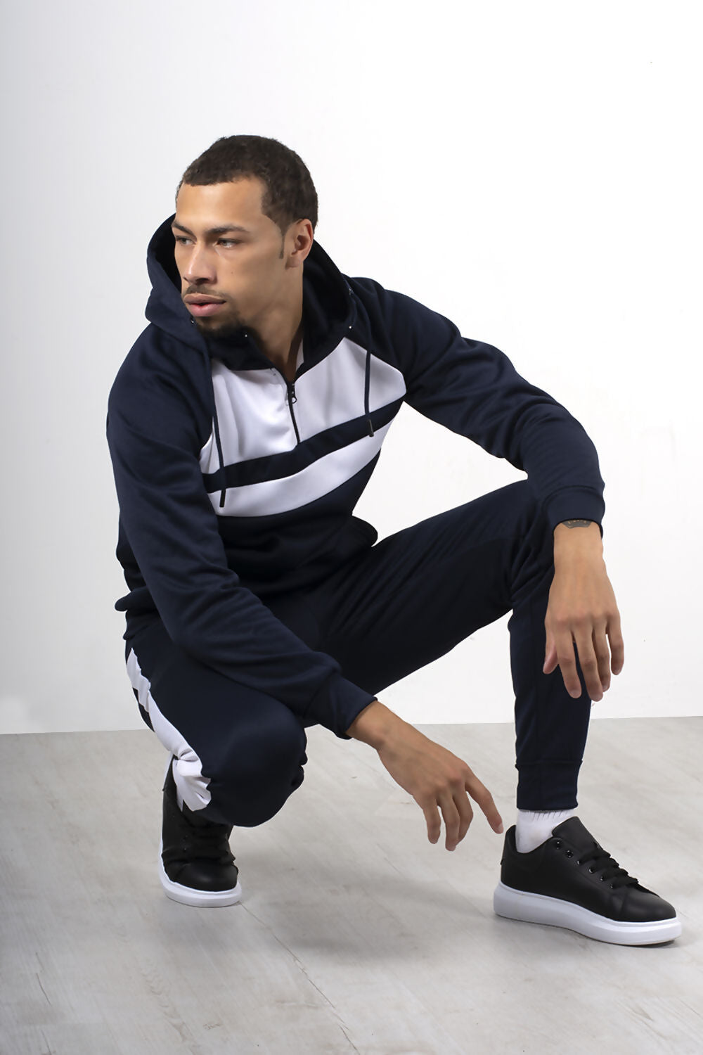 MENS FRONT PANEL HALF ZIP HOODED TRACKSUIT NAVY WITH WHITE