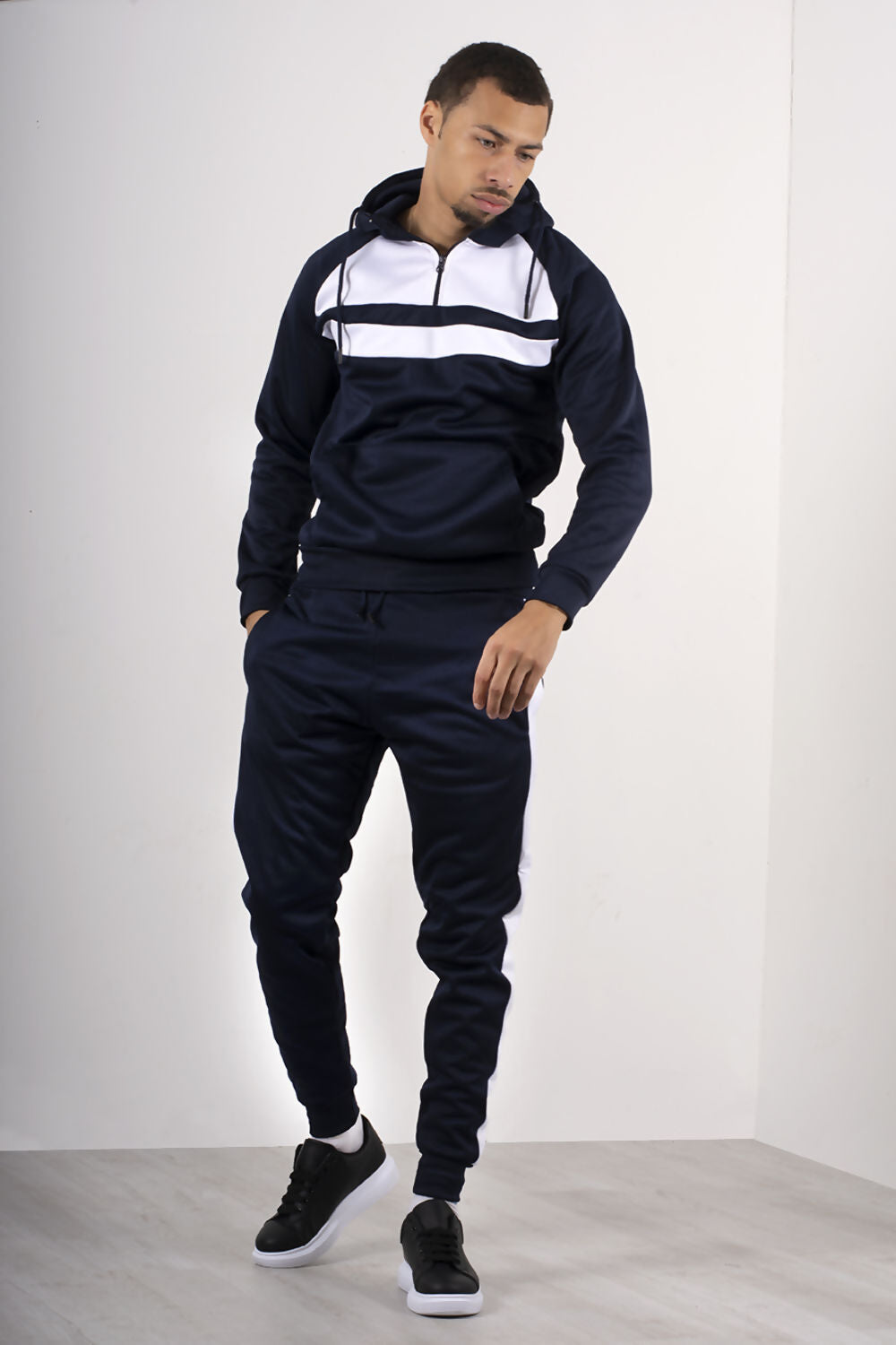 MENS FRONT PANEL HALF ZIP HOODED TRACKSUIT NAVY WITH WHITE