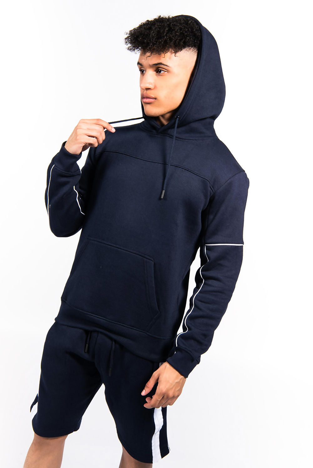 MENS CONTRAST ZIP PIPED HOODIE AND SHORT SET NAVY