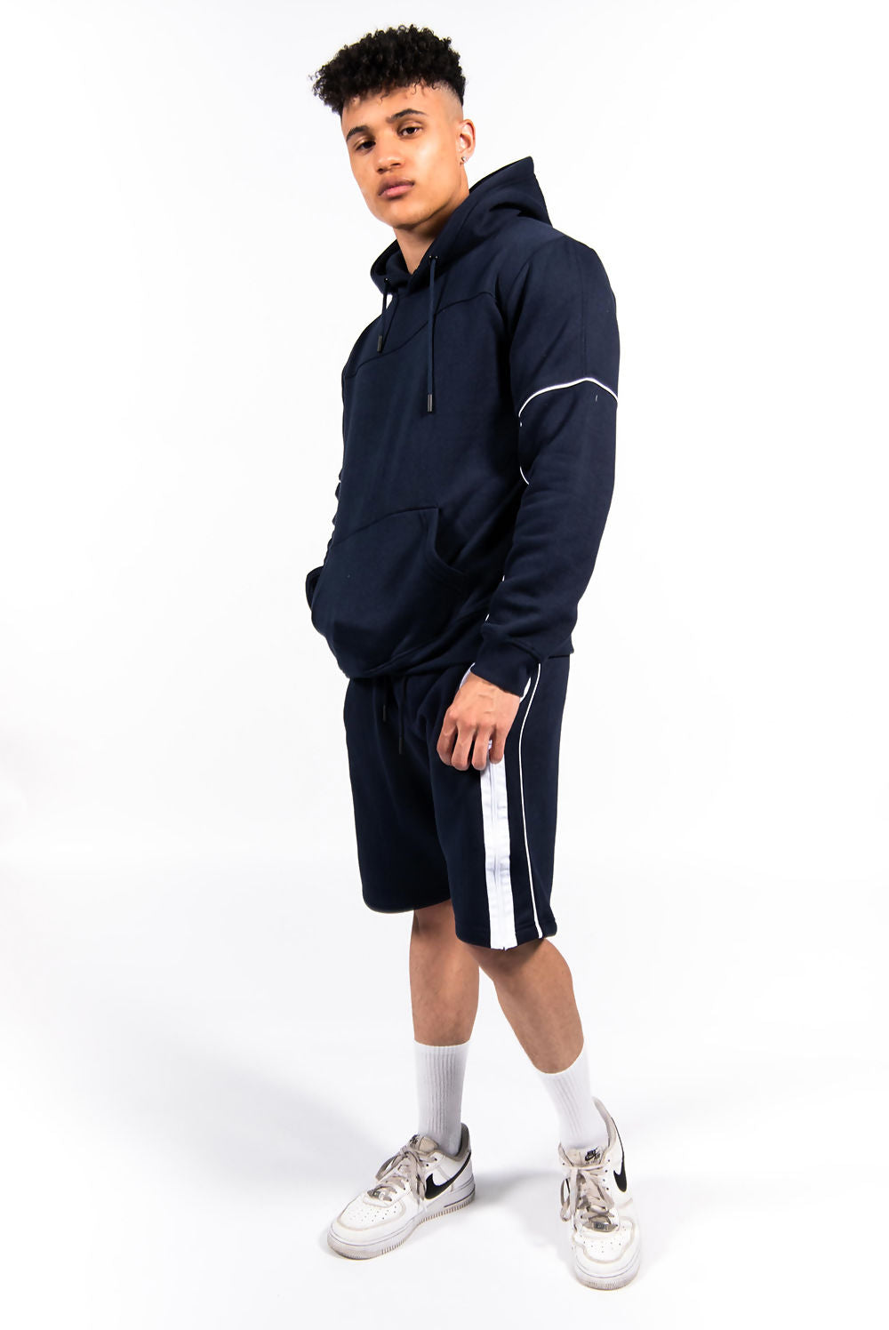 MENS CONTRAST ZIP PIPED HOODIE AND SHORT SET NAVY