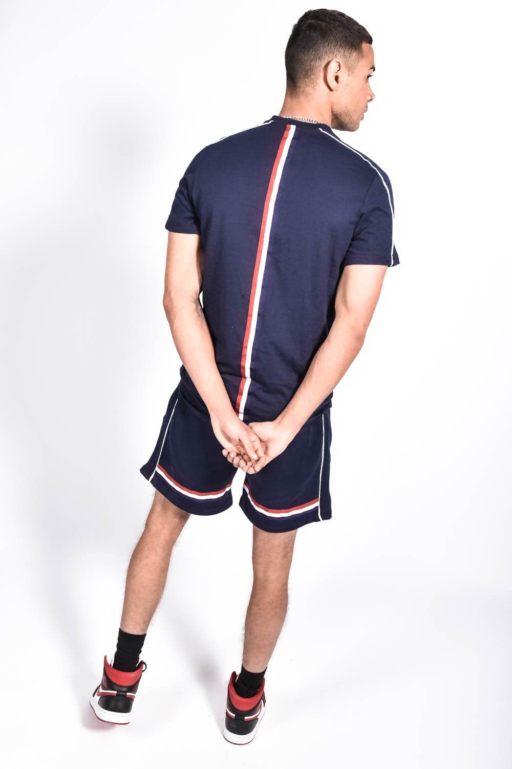 MENS TAPE STRIPED BACK PIPED SHORT SET NAVY