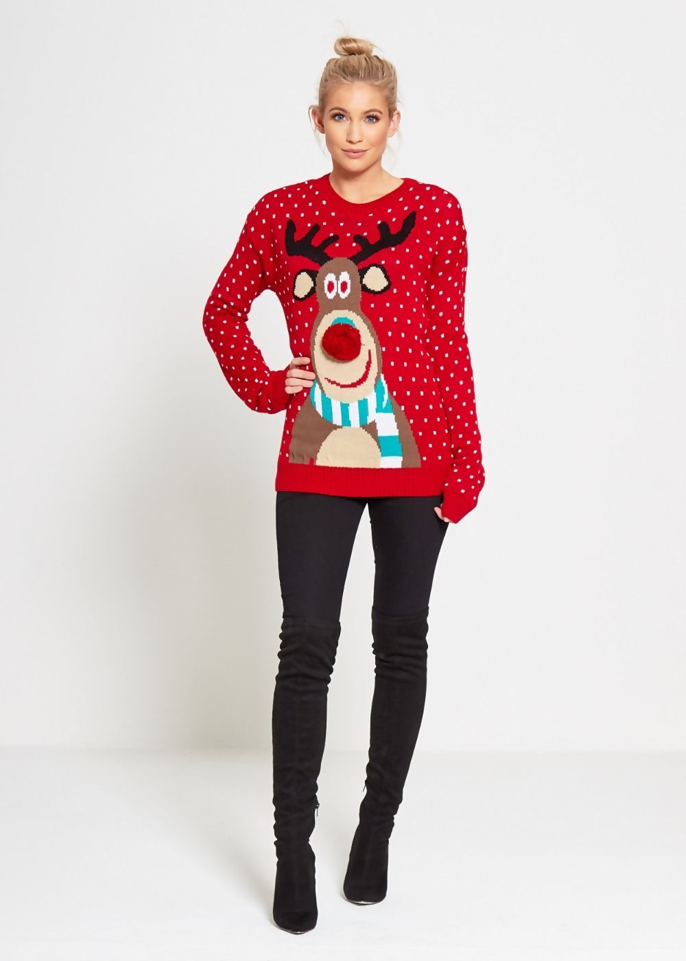 WOMENS RUDOLPH POM POM KNITTED CHRISTMAS JUMPER RED