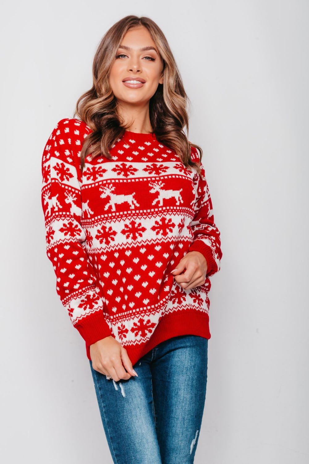 WOMENS REINDEERS AND SNOW FLAKE CHRISTMAS JUMPER RED