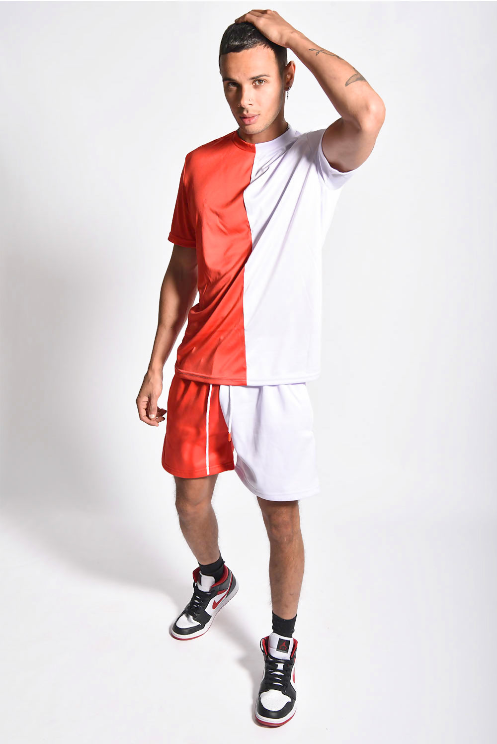 MENS COLOURBLOCK MUSCLE FIT SHORT SET RED AND WHITE