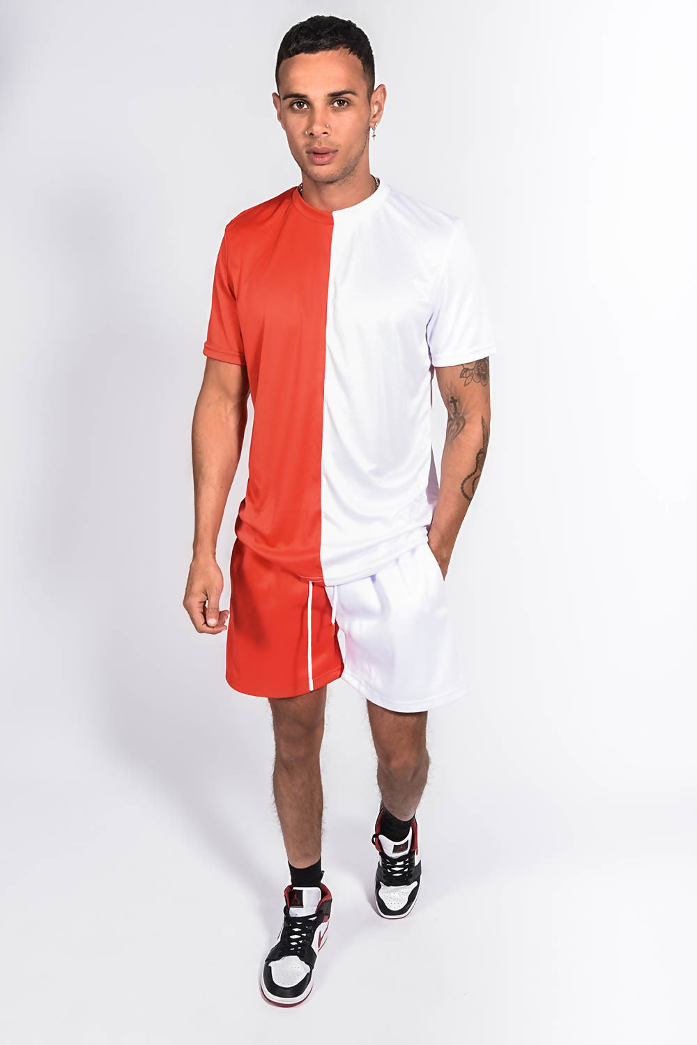 MENS COLOURBLOCK MUSCLE FIT SHORT SET RED AND WHITE