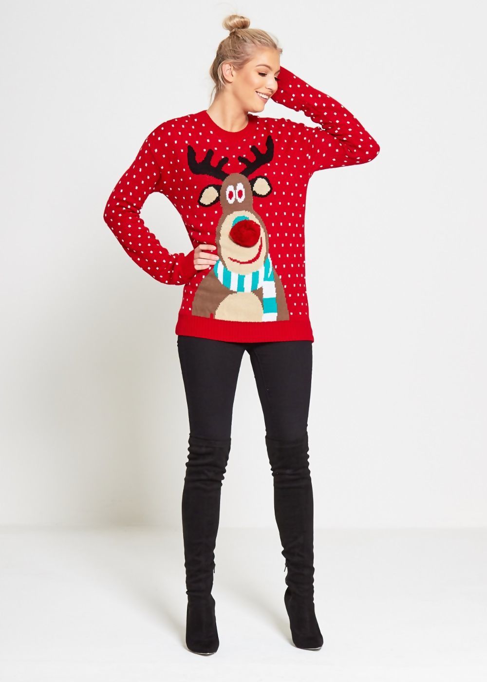 WOMENS RUDOLPH POM POM KNITTED CHRISTMAS JUMPER RED