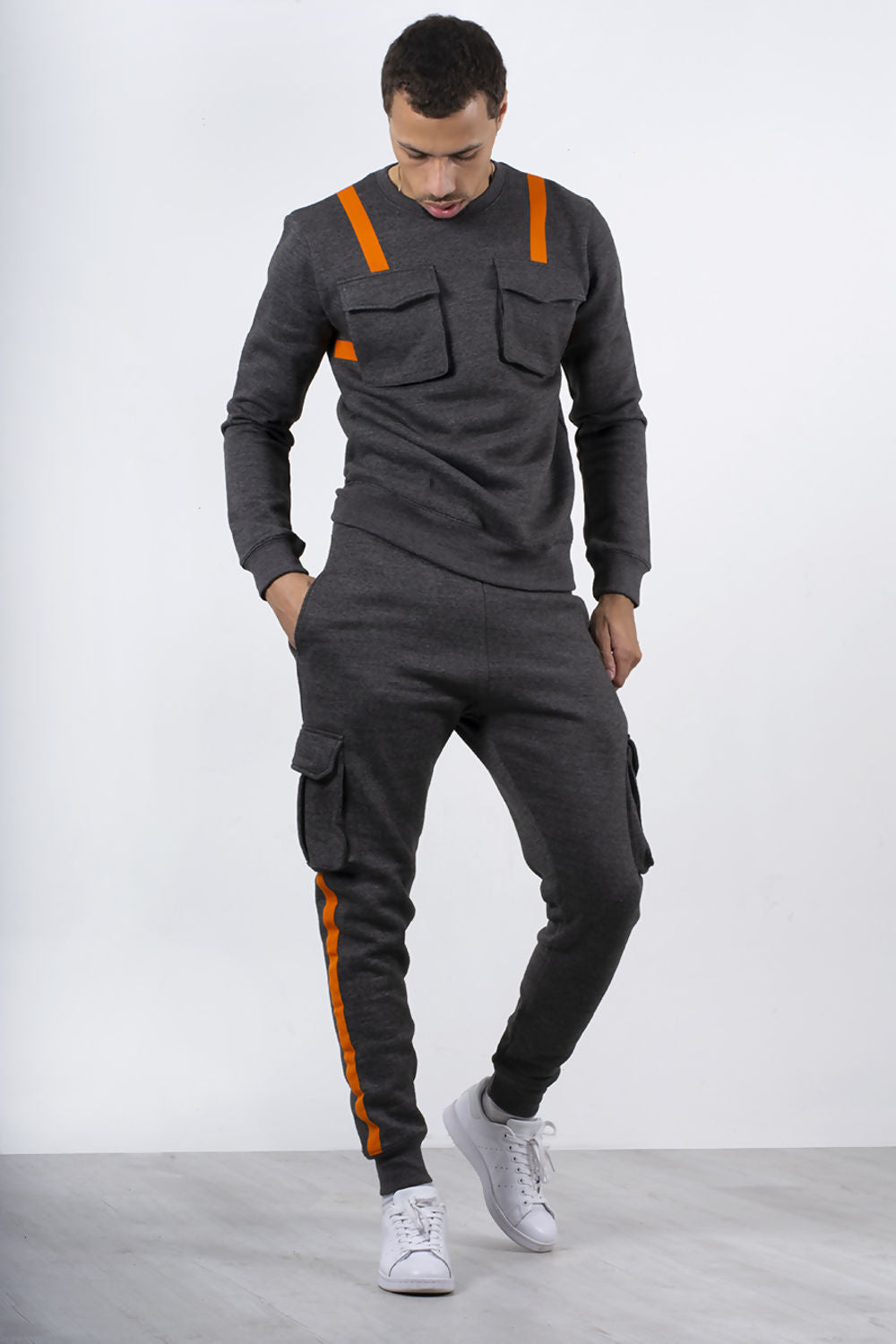 MENS CONTRAST STRAP PULLOVER CARGO TRACKSUIT CHARCOAL