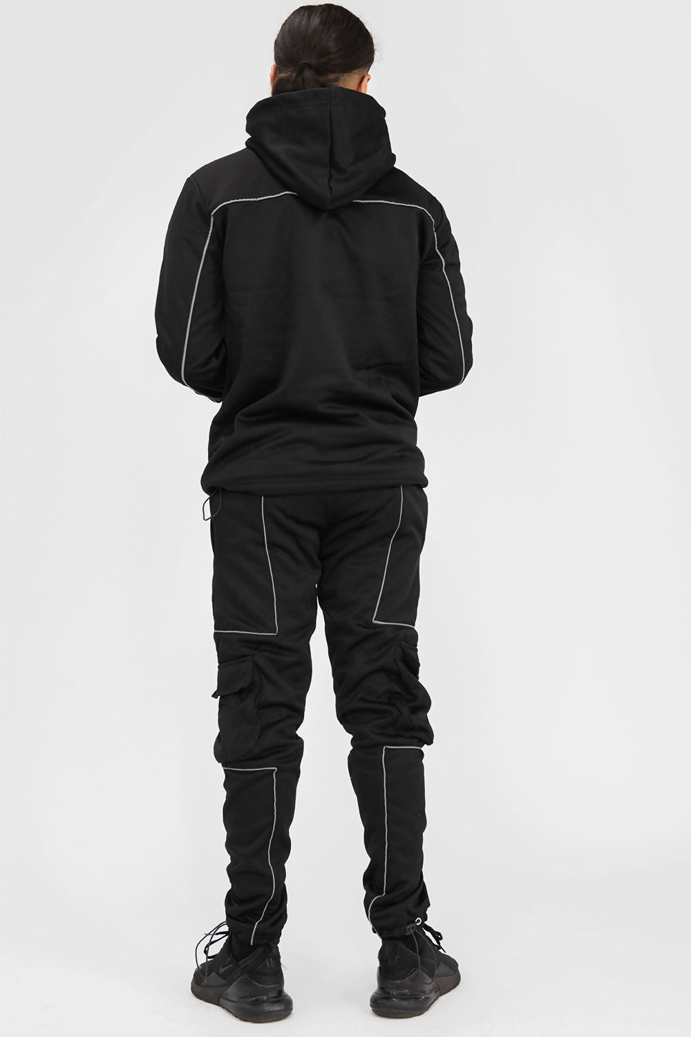 MENS REFLECTIVE PIPED PULLOVER CARGO TRACKSUIT BLACK