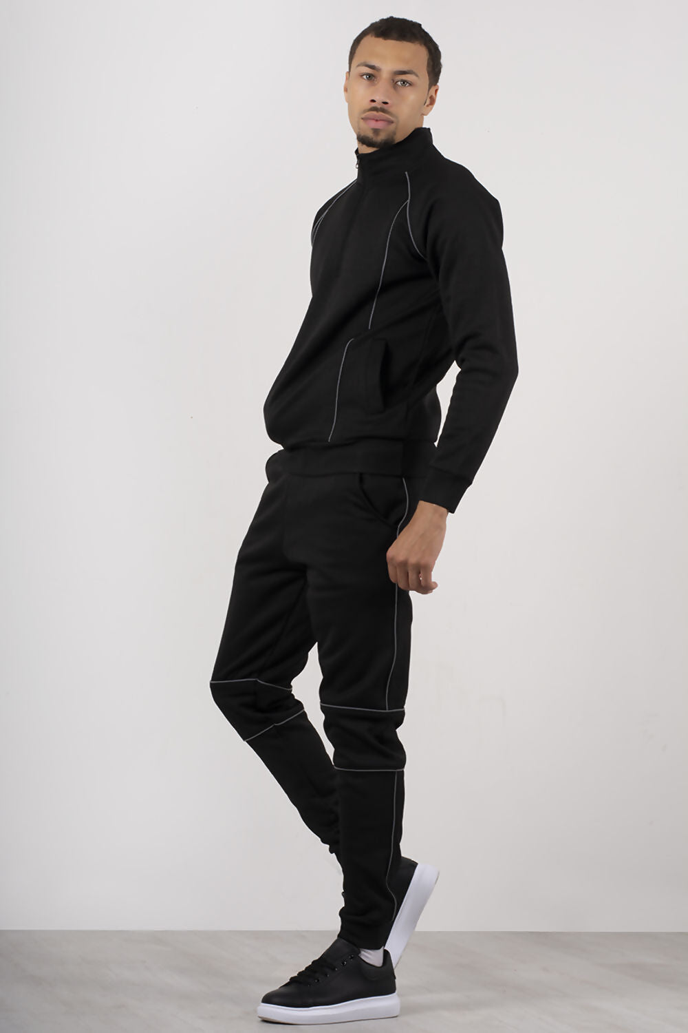 MENS SKINNY FIT PULLOVER TRACKSUIT WITH REFLECTIVE PIPING BLACK