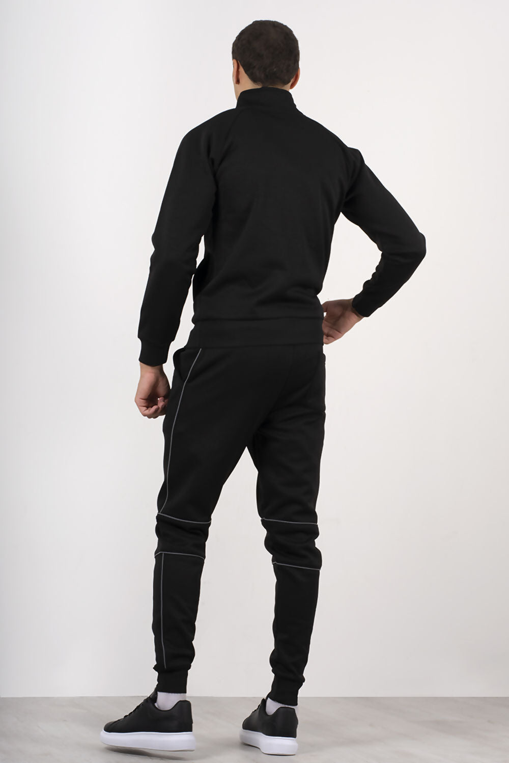 MENS SKINNY FIT PULLOVER TRACKSUIT WITH REFLECTIVE PIPING BLACK