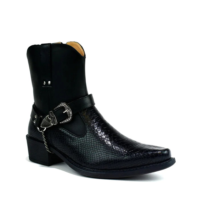 Mens Leather Cowboy Western Chain Ankle Boots Black